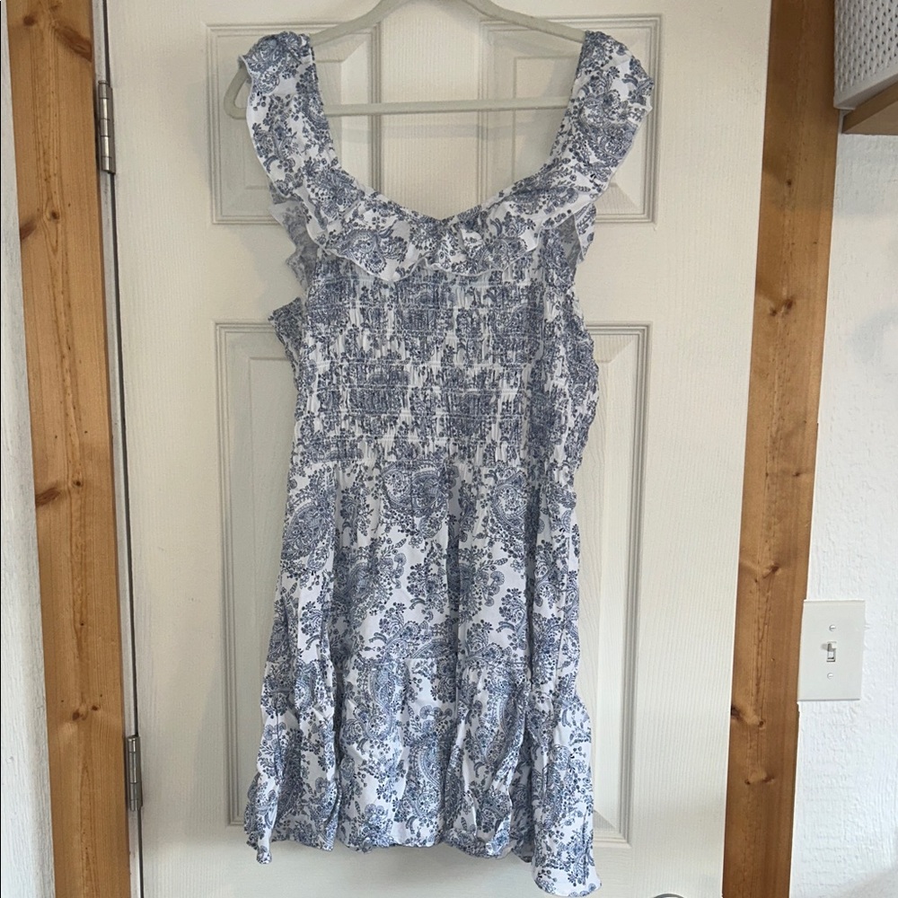 Smocked Ruffle Neck Blue Paisley Sundress - Picture 4 of 6
